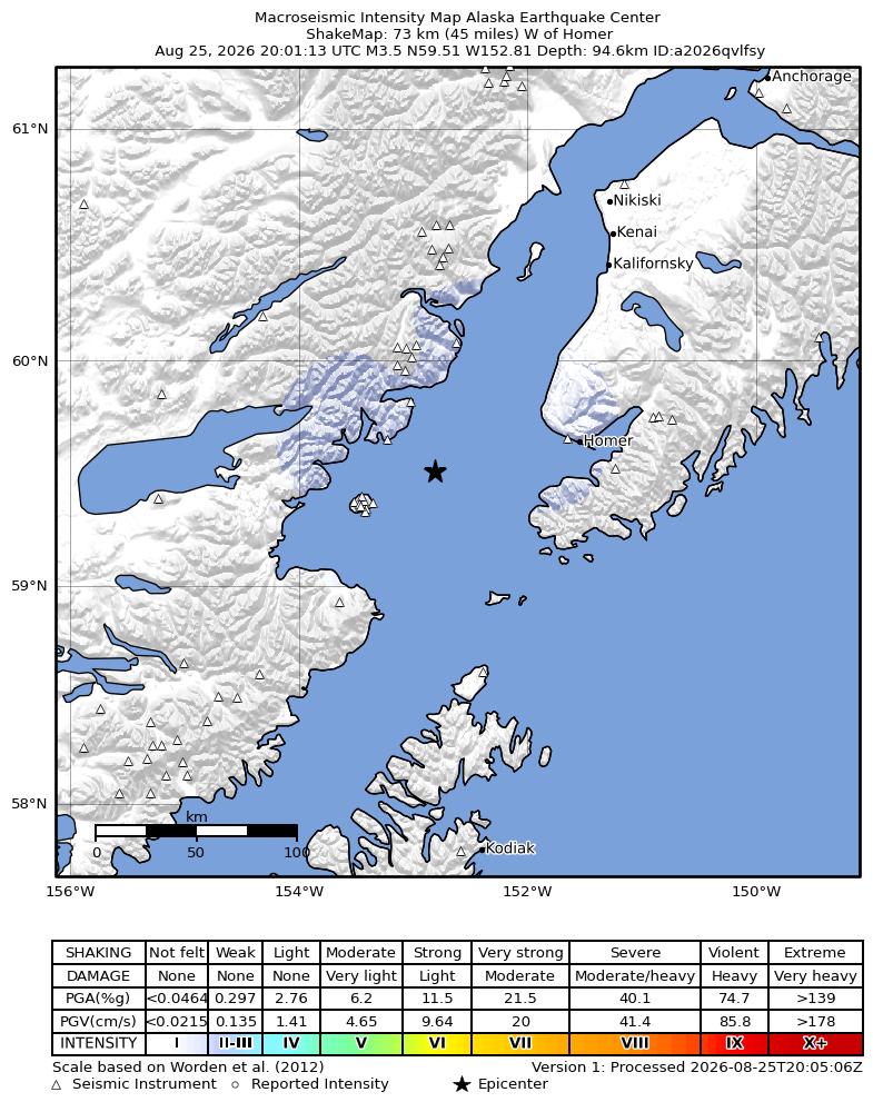 USGS ShakeMap intensity contours for the M3.4 earthquake near 56 km WNW of Nanwalek, Alaska