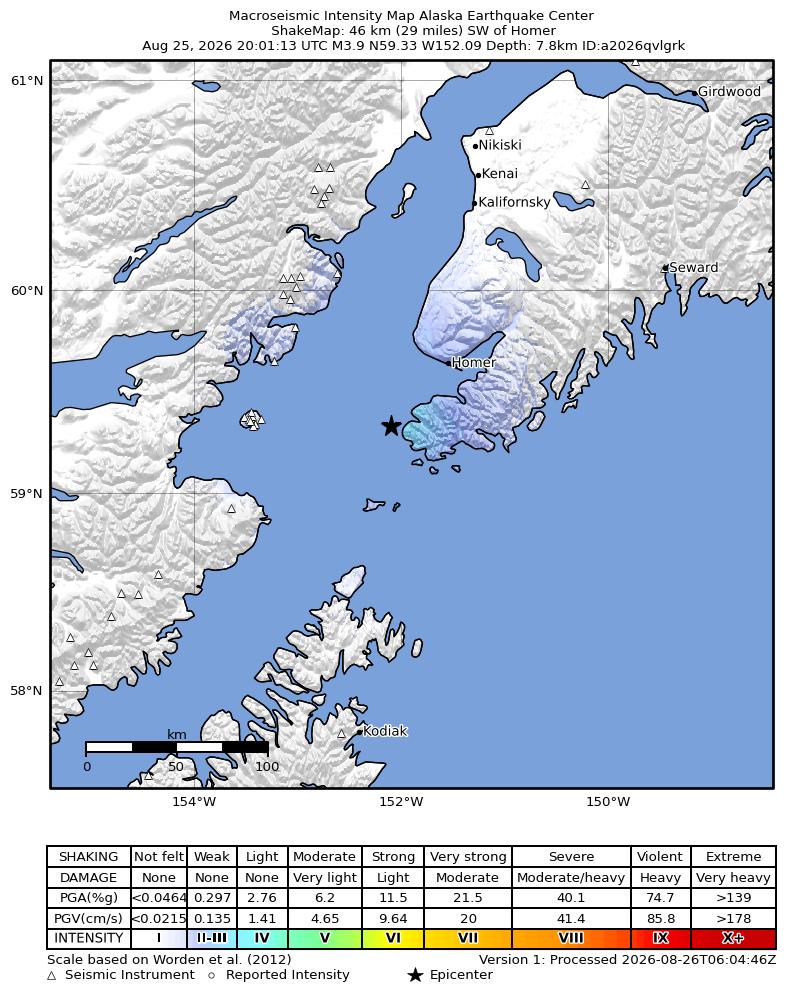 USGS ShakeMap intensity contours for the M3.9 earthquake near 10 km WSW of Nanwalek, Alaska