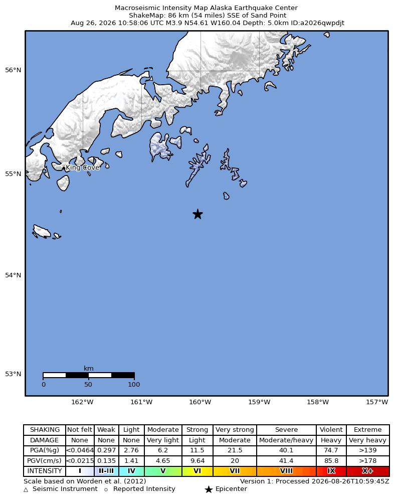 USGS ShakeMap intensity contours for the M4.1 earthquake near 93 km SSE of Sand Point, Alaska