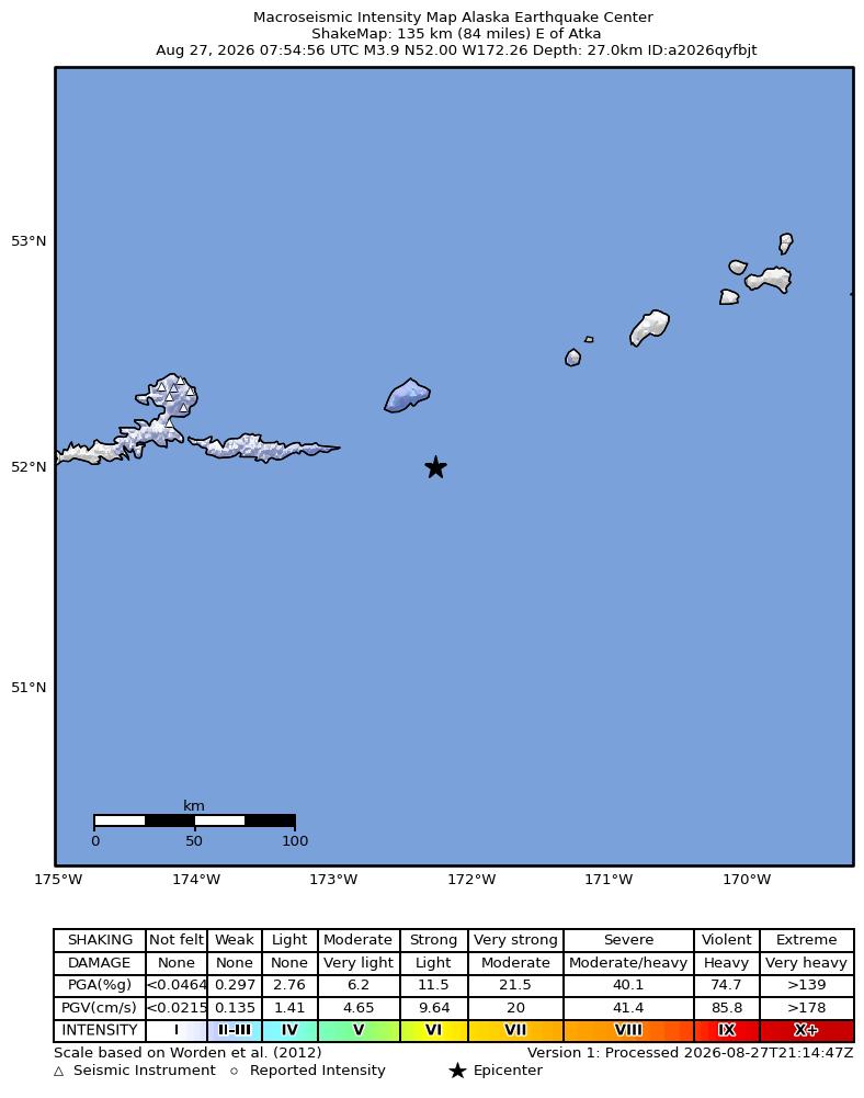 USGS ShakeMap intensity contours for the M3.9 earthquake near 134 km E of Atka, Alaska