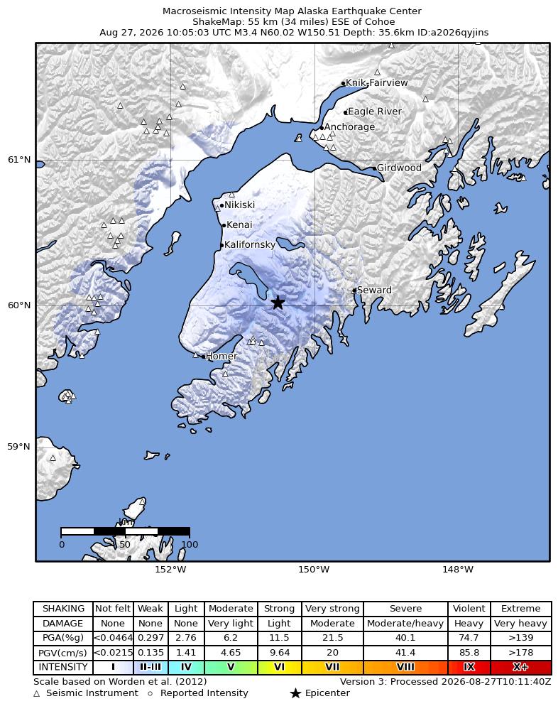 USGS ShakeMap intensity contours for the M3.4 earthquake near 30 km NE of Fox River, Alaska