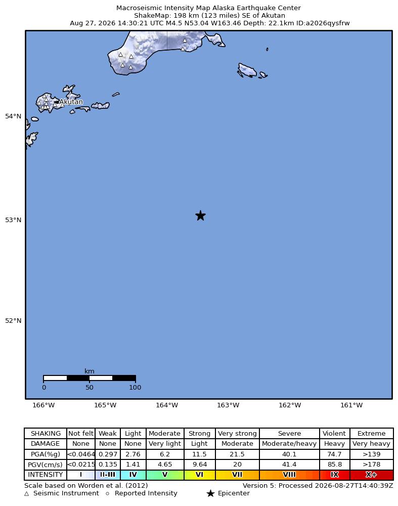 USGS ShakeMap intensity contours for the M4.8 earthquake near 195 km SE of Akutan, Alaska
