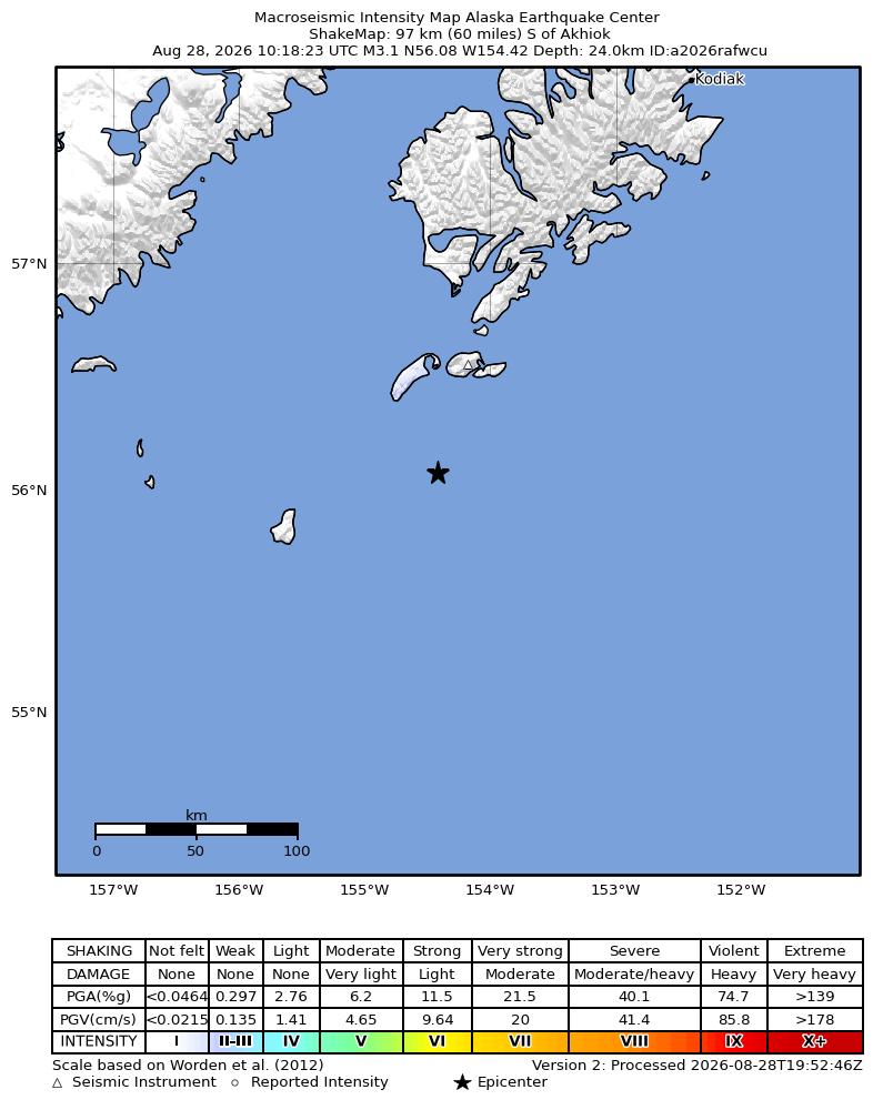 USGS ShakeMap intensity contours for the M3.1 earthquake near 97 km S of Akhiok, Alaska