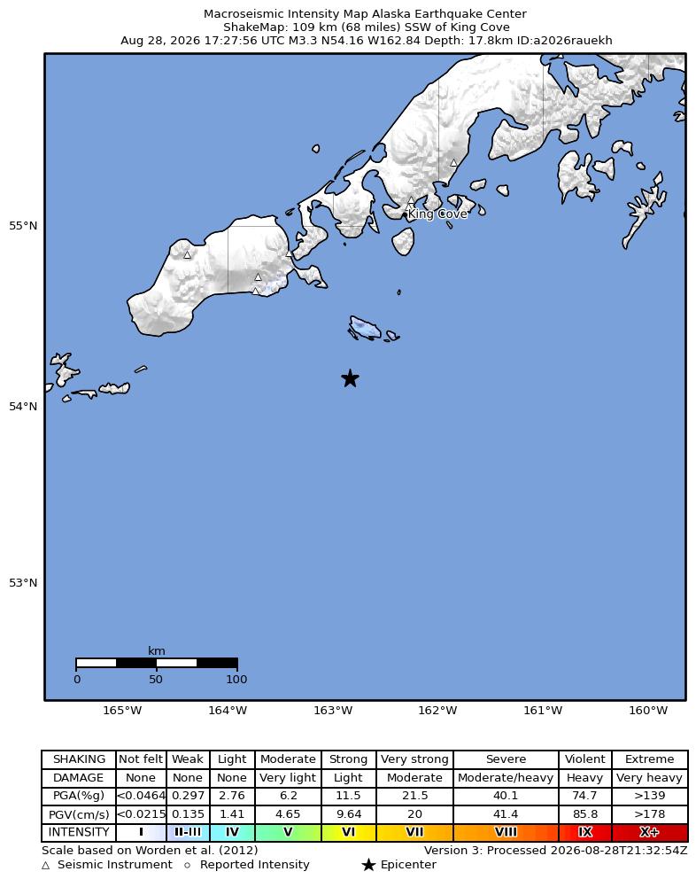 USGS ShakeMap intensity contours for the M3.3 earthquake near 85 km SSE of False Pass, Alaska