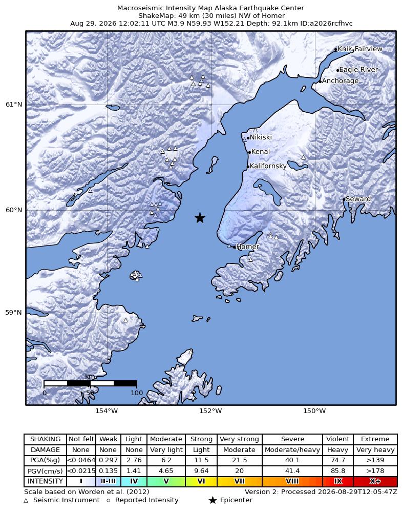 USGS ShakeMap intensity contours for the M3.9 earthquake near 26 km W of Happy Valley, Alaska