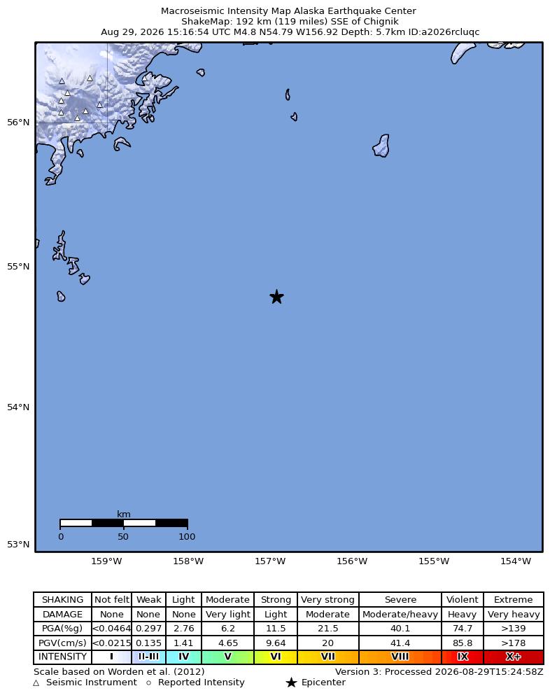 USGS ShakeMap intensity contours for the M4.8 earthquake near 188 km SE of Perryville, Alaska