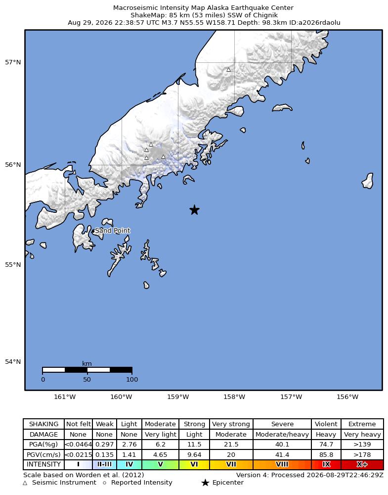USGS ShakeMap intensity contours for the M3.7 earthquake near 48 km SSE of Perryville, Alaska