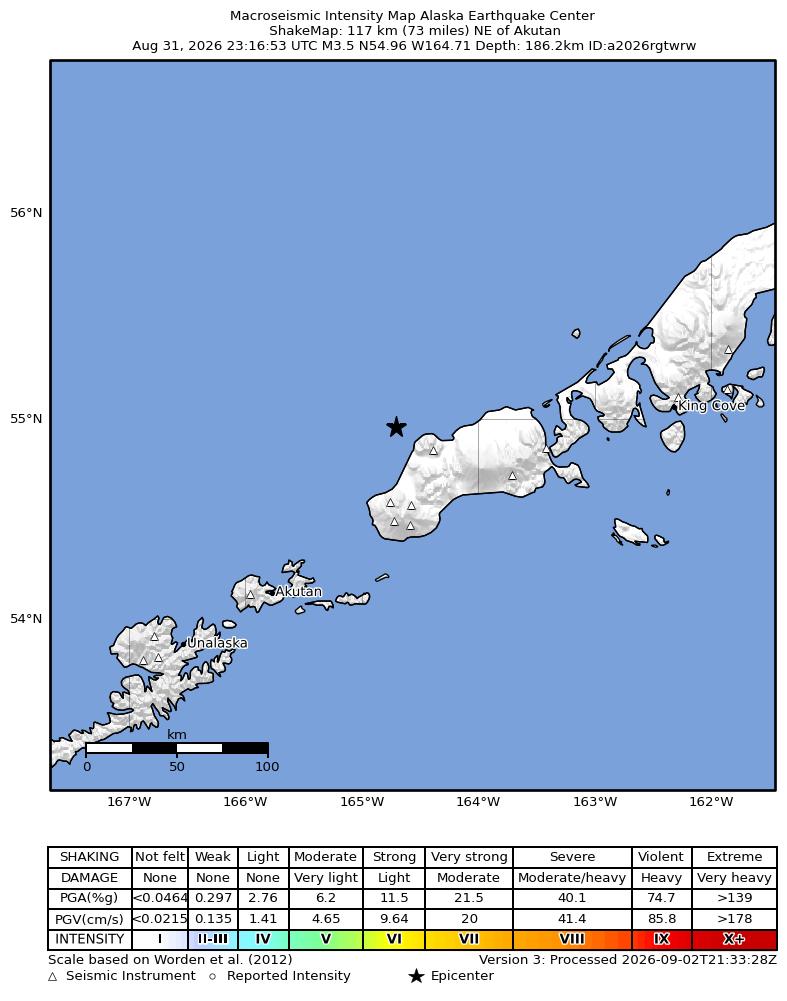 USGS ShakeMap intensity contours for the M4.1 earthquake near 100 km WNW of False Pass, Alaska