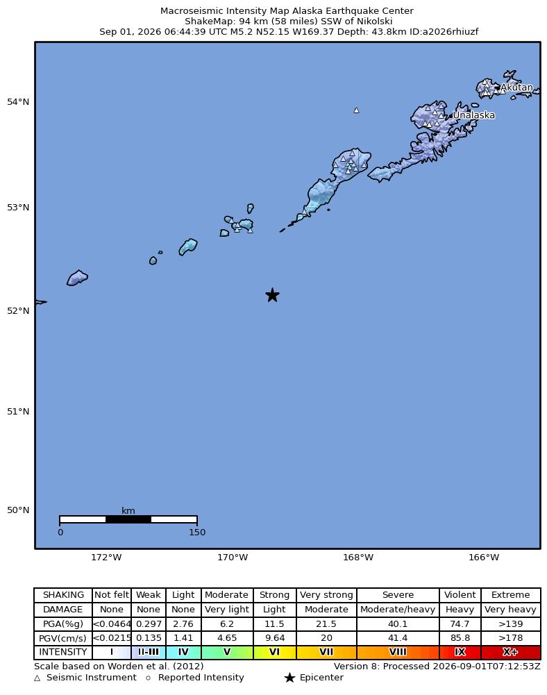 USGS ShakeMap intensity contours for the M5.3 earthquake near 89 km SSW of Nikolski, Alaska