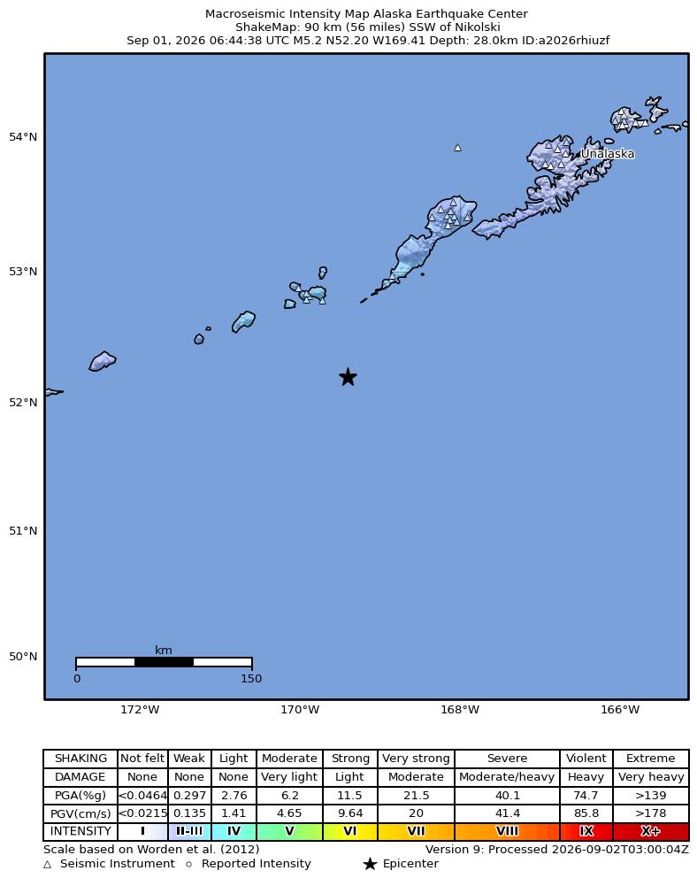 USGS ShakeMap intensity contours for the M5.3 earthquake near 89 km SSW of Nikolski, Alaska
