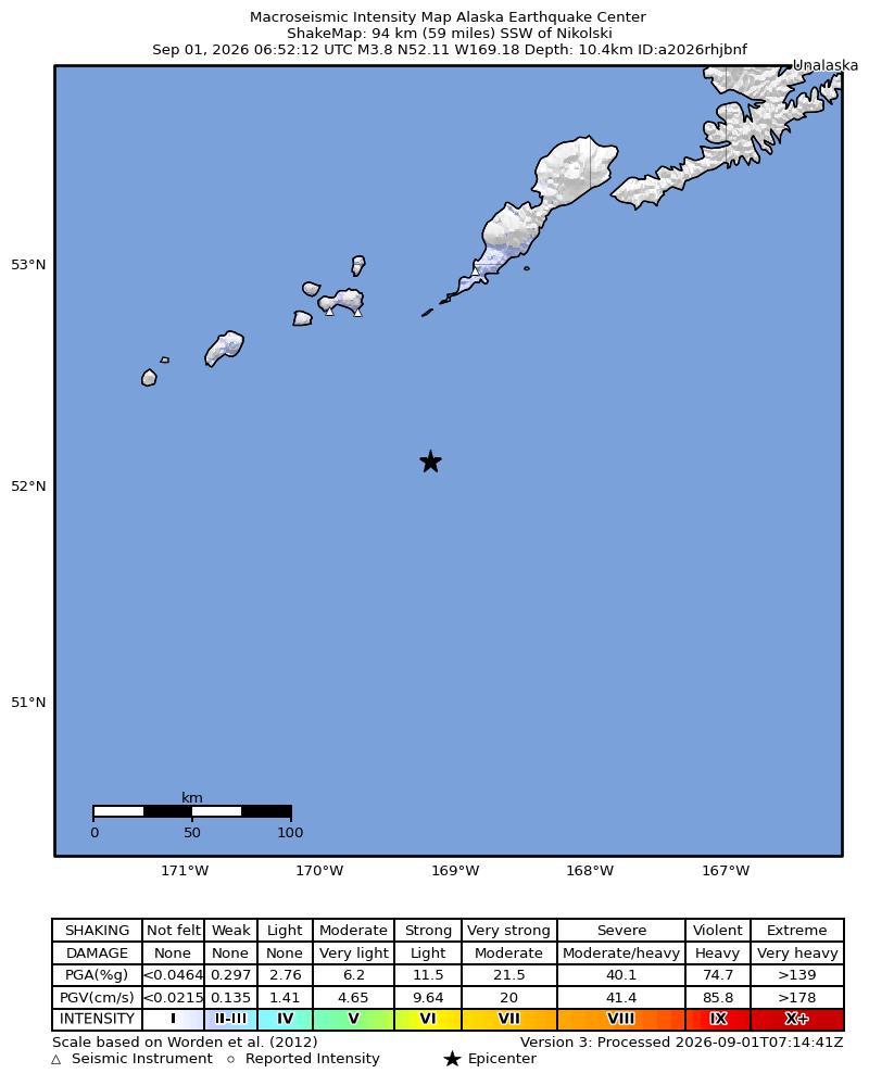 USGS ShakeMap intensity contours for the M3.8 earthquake near 94 km SSW of Nikolski, Alaska