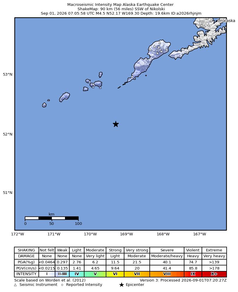 USGS ShakeMap intensity contours for the M4.5 earthquake near 105 km SSW of Nikolski, Alaska