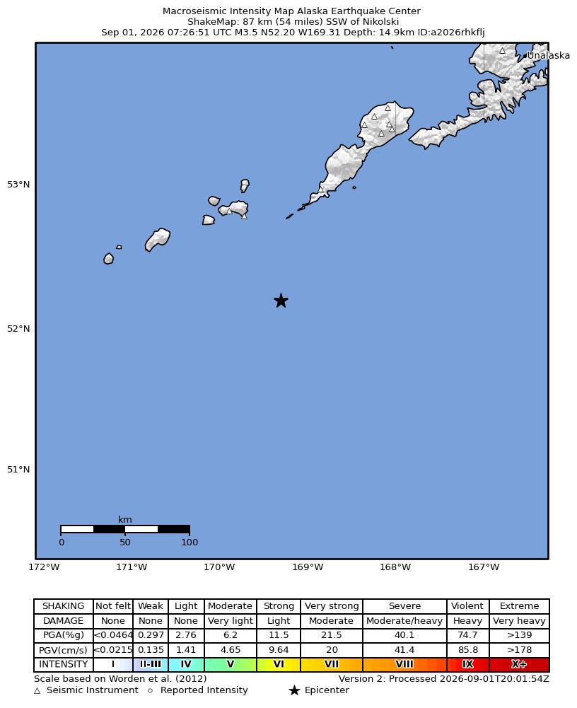 USGS ShakeMap intensity contours for the M3.5 earthquake near 87 km SSW of Nikolski, Alaska