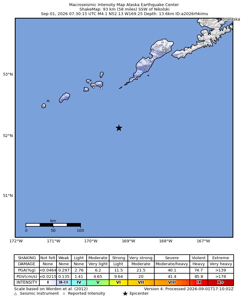 USGS ShakeMap intensity contours for the M4.1 earthquake near 94 km SSW of Nikolski, Alaska