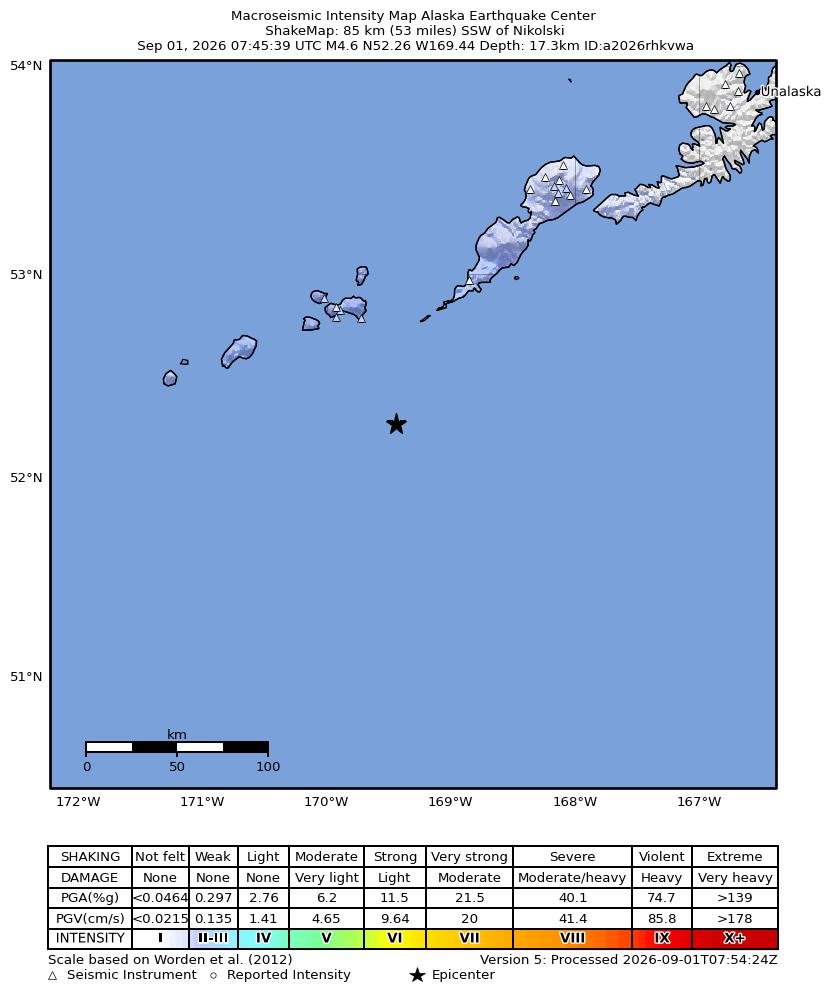 USGS ShakeMap intensity contours for the M4.5 earthquake near 90 km SSW of Nikolski, Alaska