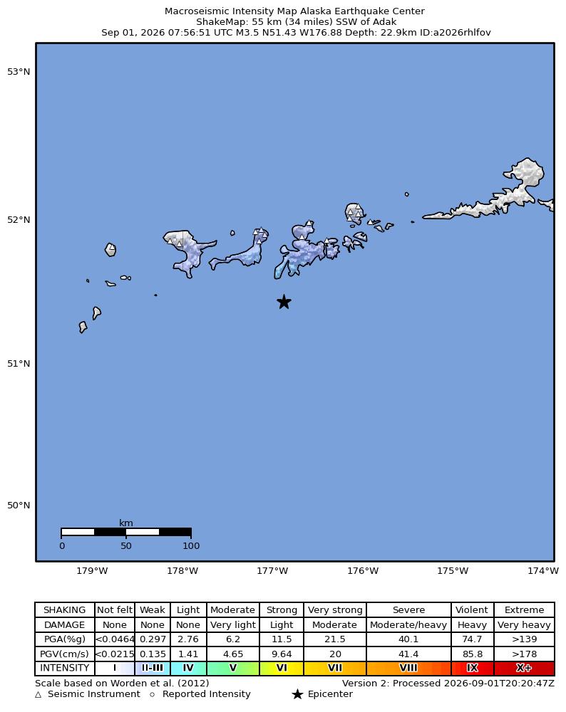 USGS ShakeMap intensity contours for the M3.5 earthquake near 52 km SSW of Adak, Alaska