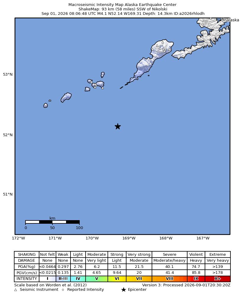 USGS ShakeMap intensity contours for the M4.1 earthquake near 93 km SSW of Nikolski, Alaska