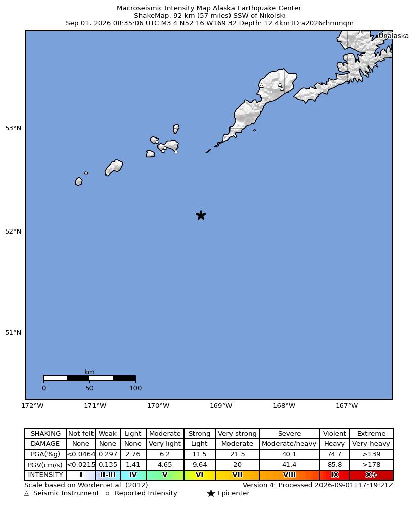 USGS ShakeMap intensity contours for the M3.4 earthquake near 92 km SSW of Nikolski, Alaska