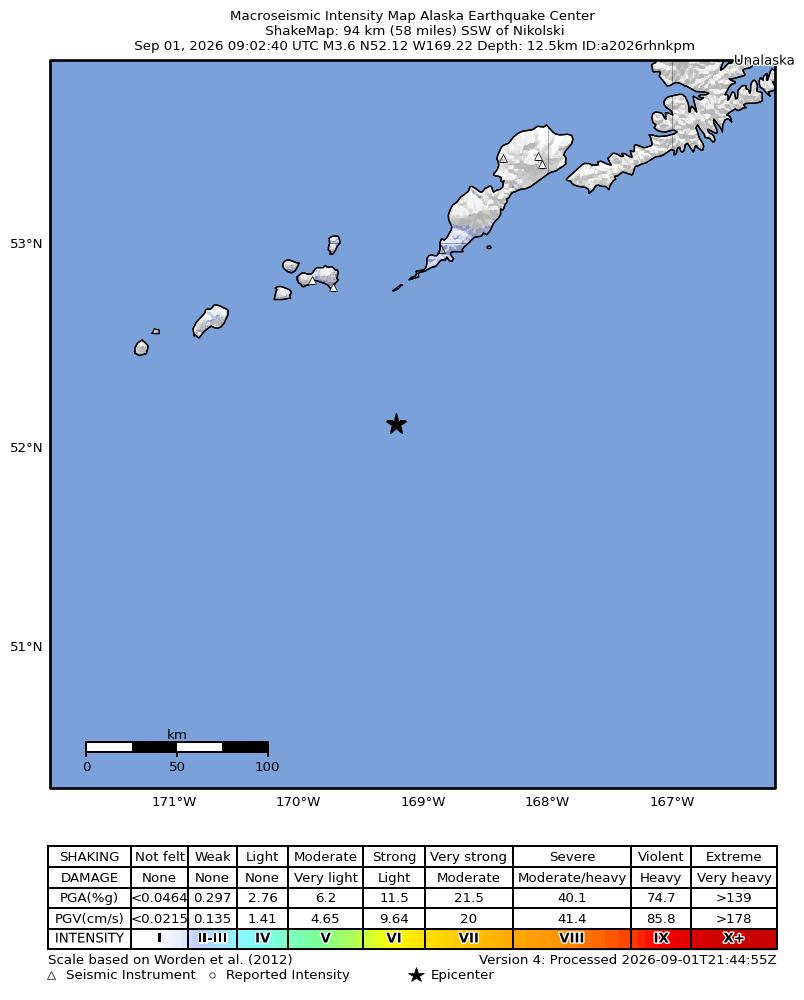USGS ShakeMap intensity contours for the M3.6 earthquake near 94 km SSW of Nikolski, Alaska