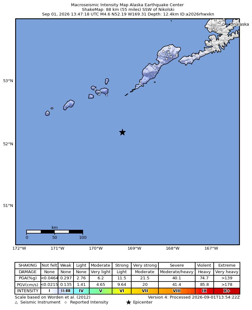 USGS ShakeMap intensity contours for the M4.6 earthquake near 84 km SSW of Nikolski, Alaska