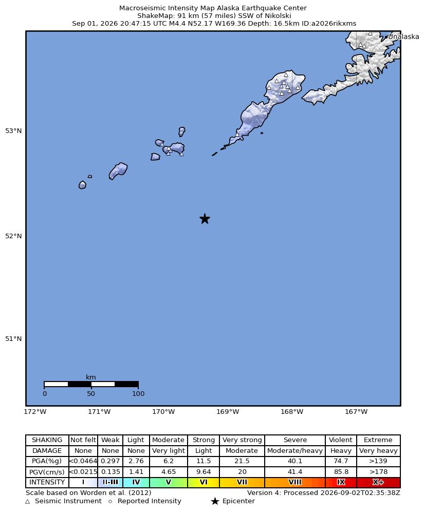 USGS ShakeMap intensity contours for the M4.4 earthquake near 92 km SSW of Nikolski, Alaska