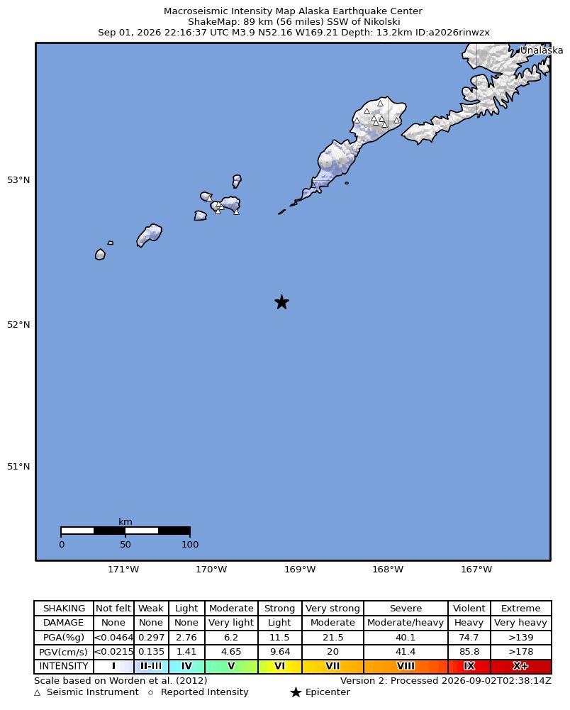USGS ShakeMap intensity contours for the M3.6 earthquake near 66 km SSW of Nikolski, Alaska