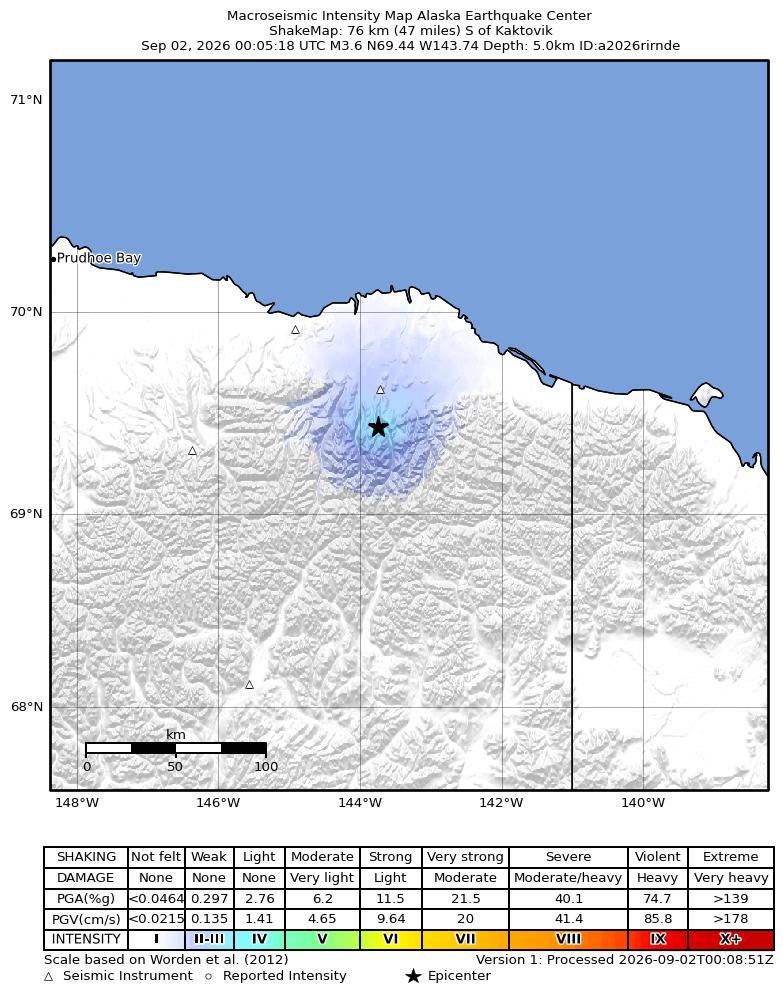 USGS ShakeMap intensity contours for the M3.6 earthquake near 76 km S of Kaktovik, Alaska