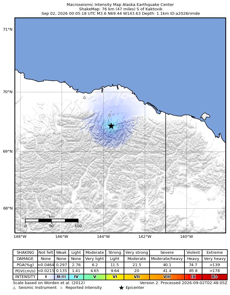 USGS ShakeMap intensity contours for the M3.6 earthquake near 77 km S of Kaktovik, Alaska