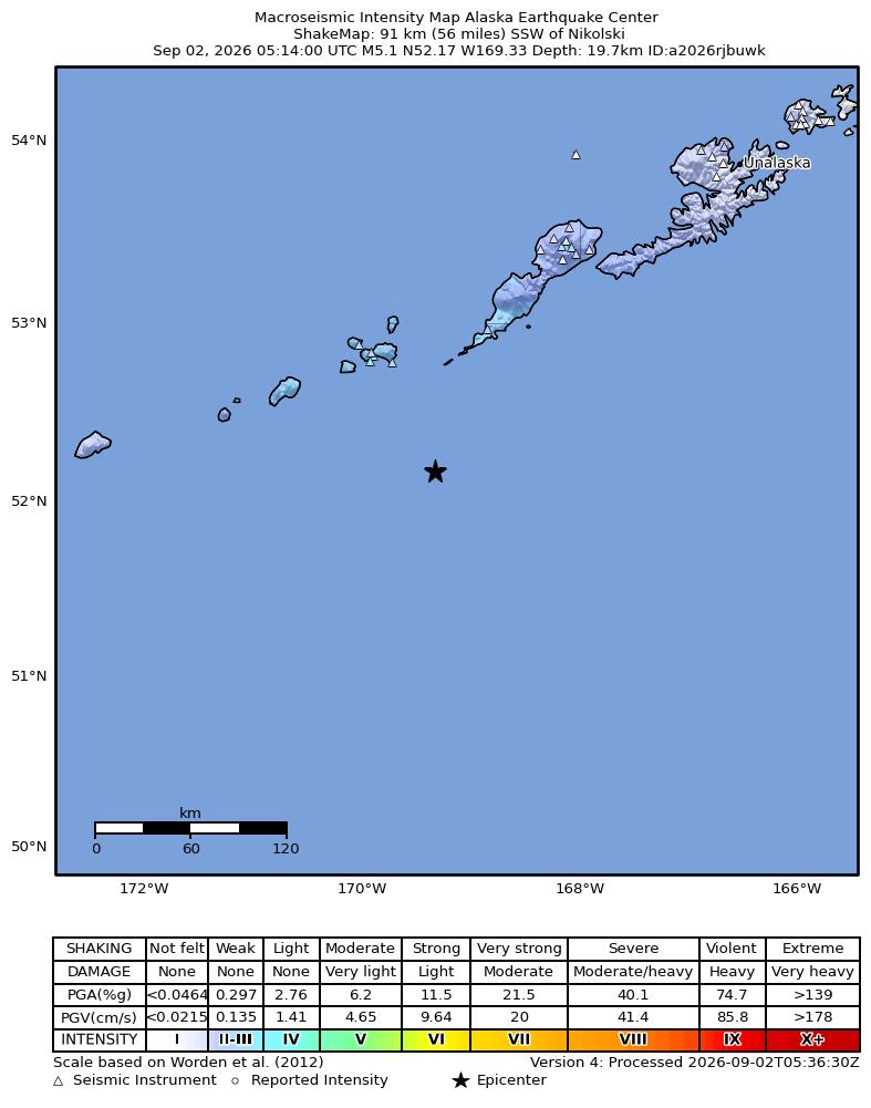 USGS ShakeMap intensity contours for the M5.2 earthquake near 95 km SSW of Nikolski, Alaska