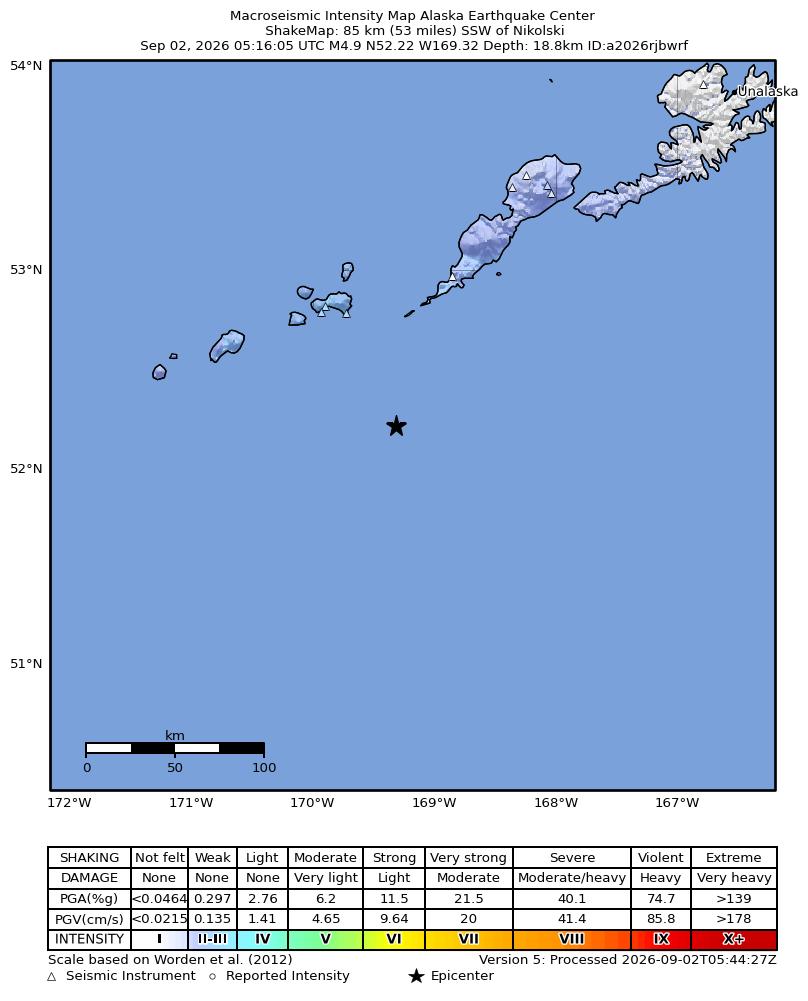 USGS ShakeMap intensity contours for the M4.9 earthquake near 85 km SSW of Nikolski, Alaska