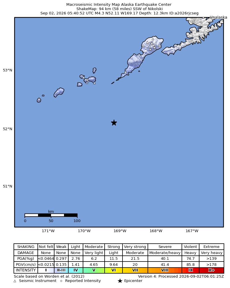 USGS ShakeMap intensity contours for the M4.6 earthquake near 101 km SSW of Nikolski, Alaska