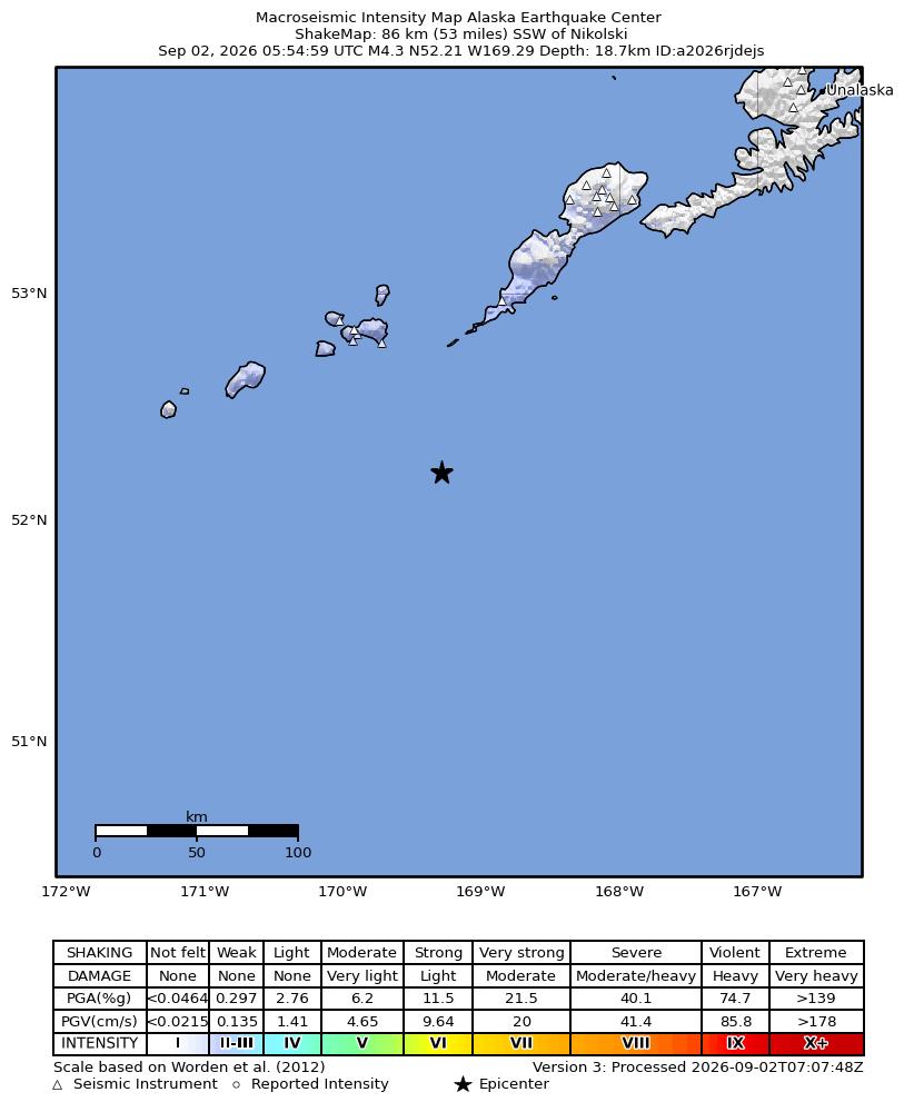 USGS ShakeMap intensity contours for the M4.3 earthquake near 85 km SSW of Nikolski, Alaska