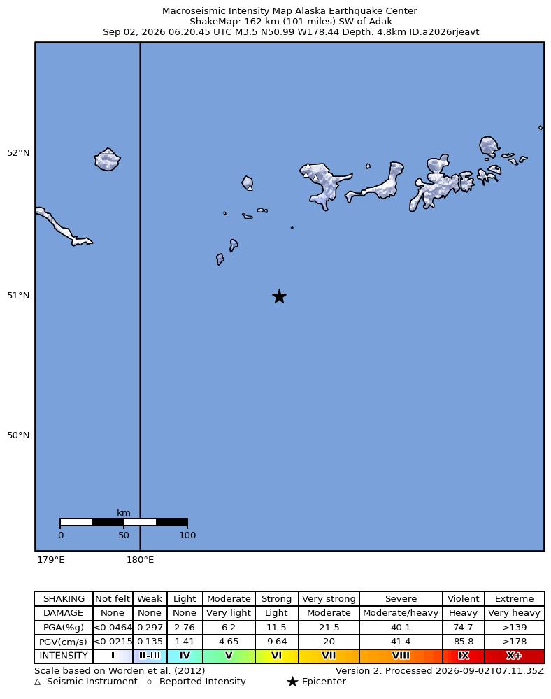 USGS ShakeMap intensity contours for the M3.5 earthquake near 159 km SW of Adak, Alaska