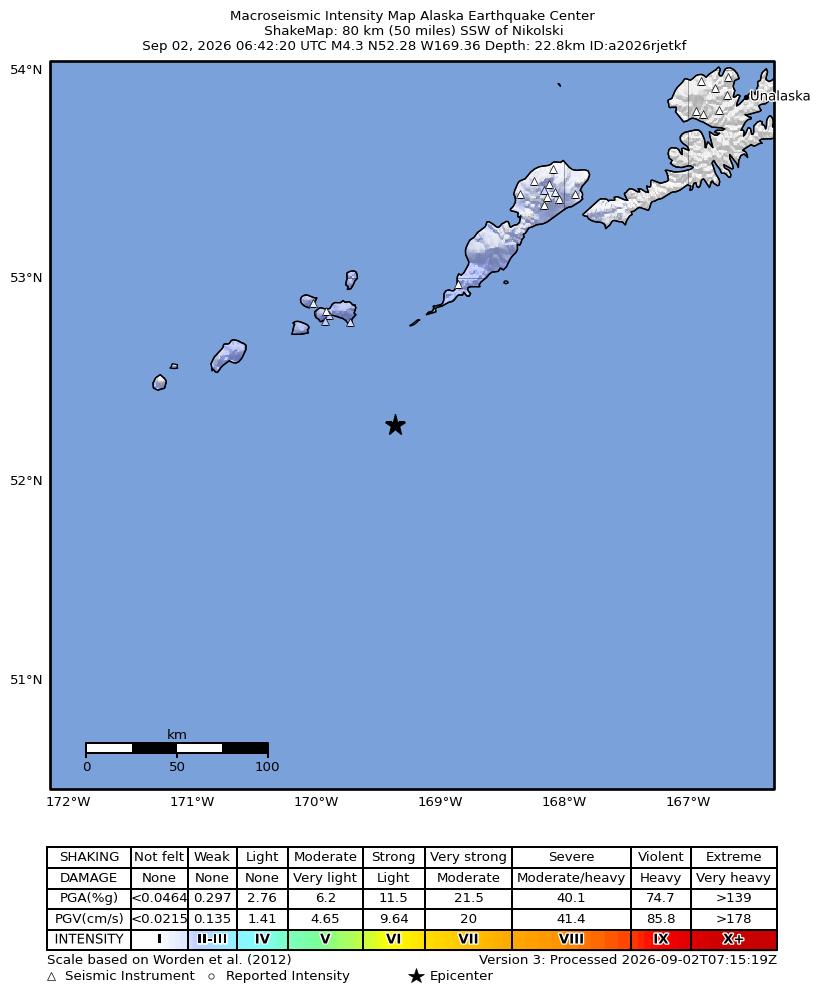 USGS ShakeMap intensity contours for the M4.3 earthquake near 88 km SSW of Nikolski, Alaska