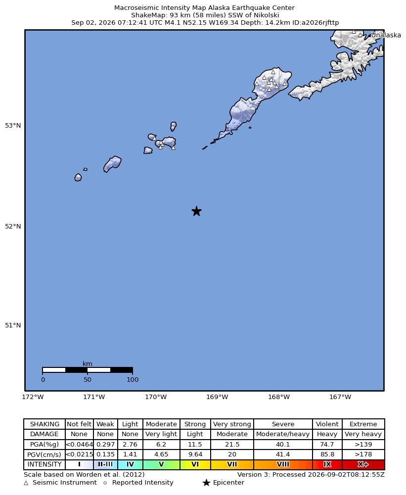 USGS ShakeMap intensity contours for the M4.1 earthquake near 93 km SSW of Nikolski, Alaska