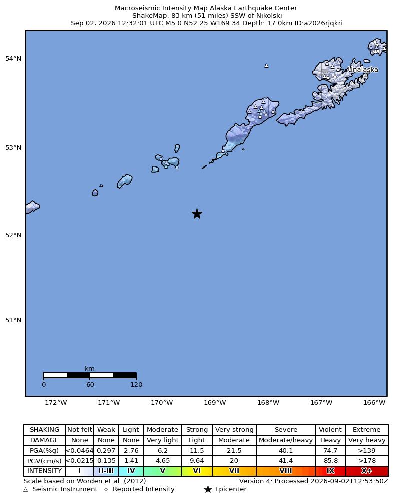 USGS ShakeMap intensity contours for the M5.2 earthquake near 78 km SSW of Nikolski, Alaska