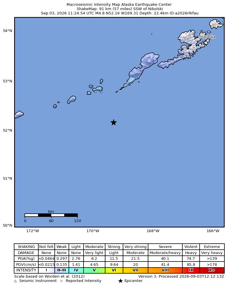 USGS ShakeMap intensity contours for the M5.2 earthquake near 97 km SSW of Nikolski, Alaska