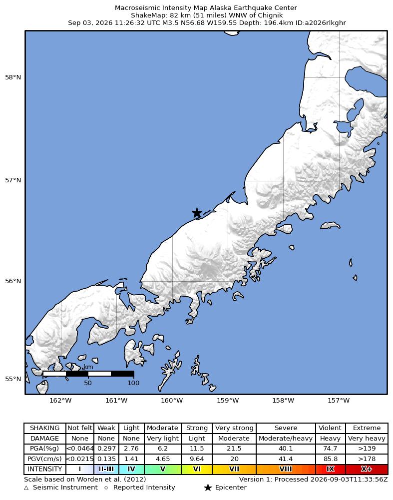 USGS ShakeMap intensity contours for the M3.8 earthquake near 68 km NW of Chignik Lake, Alaska