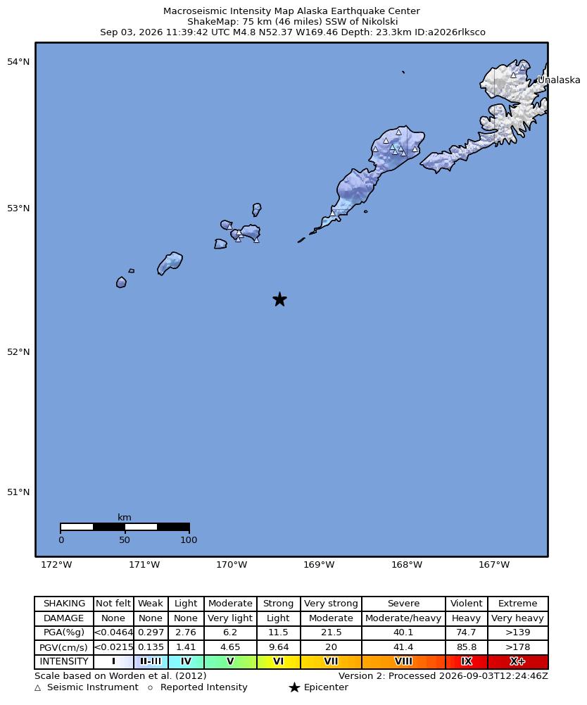 USGS ShakeMap intensity contours for the M4.9 earthquake near 81 km SW of Nikolski, Alaska