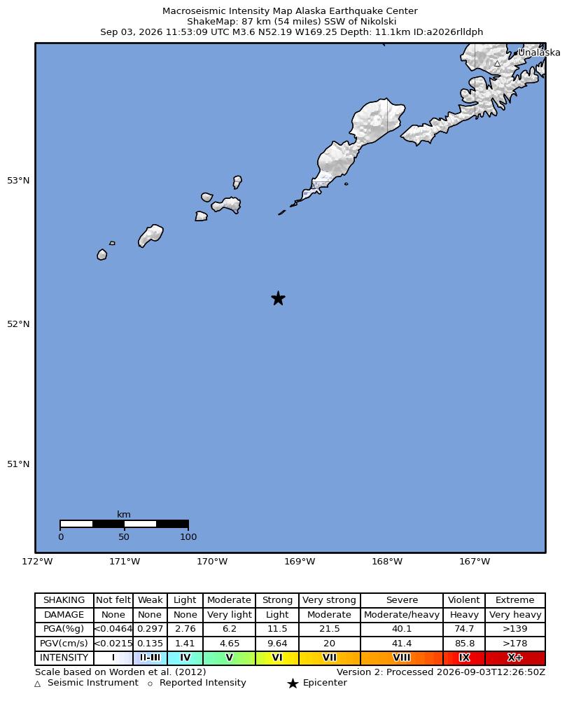 USGS ShakeMap intensity contours for the M3.6 earthquake near 87 km SSW of Nikolski, Alaska
