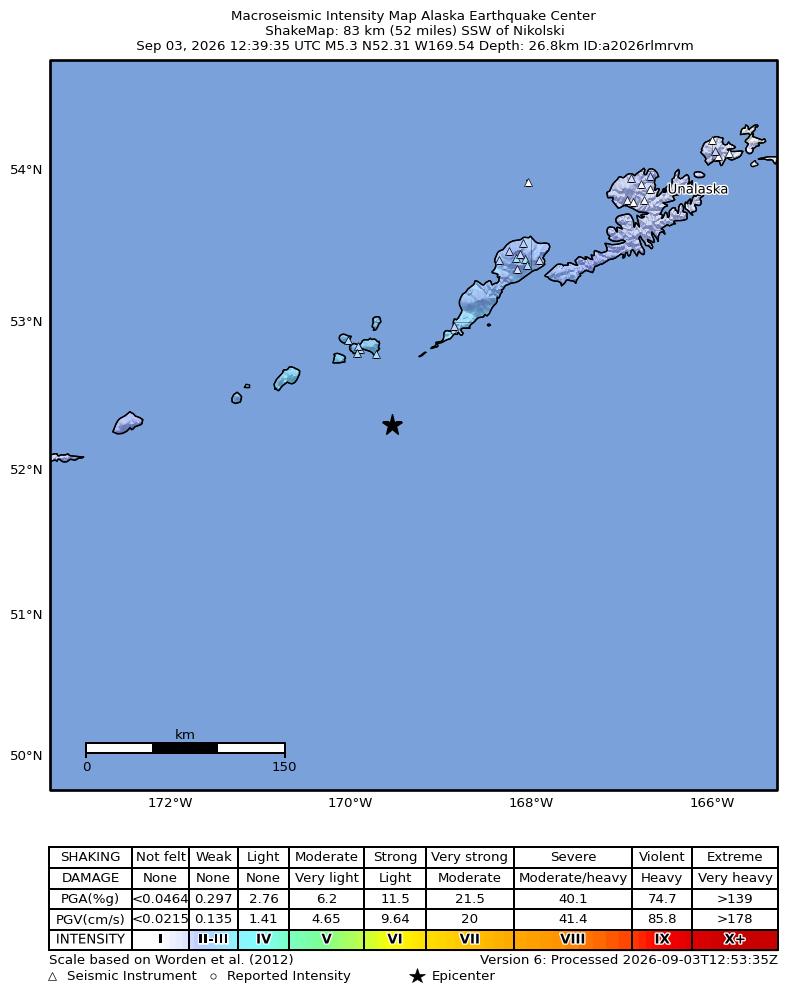 USGS ShakeMap intensity contours for the M4.9 earthquake near 90 km SSW of Nikolski, Alaska