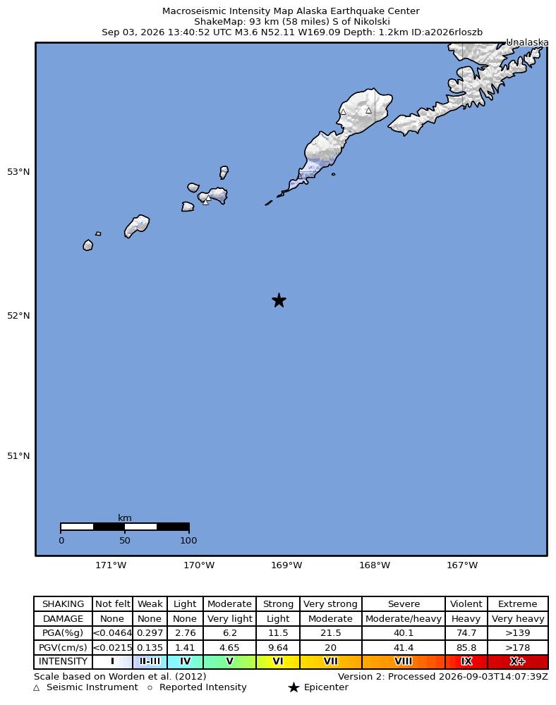 USGS ShakeMap intensity contours for the M3.6 earthquake near 93 km S of Nikolski, Alaska