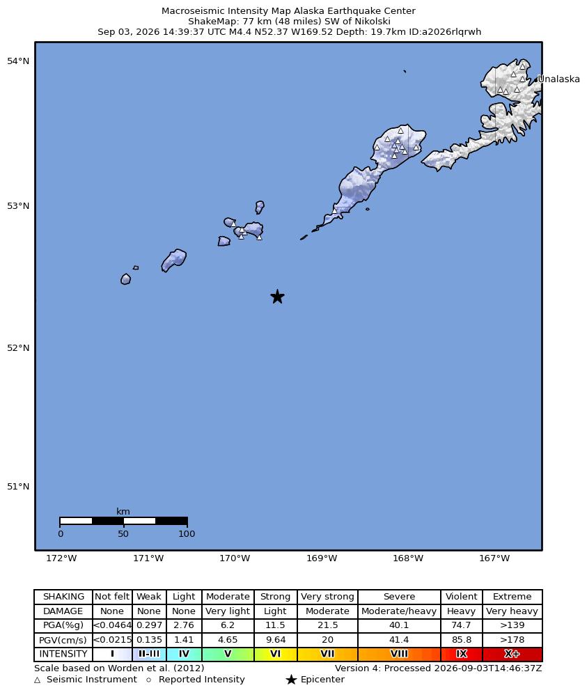 USGS ShakeMap intensity contours for the M4.2 earthquake near 74 km SSW of Nikolski, Alaska