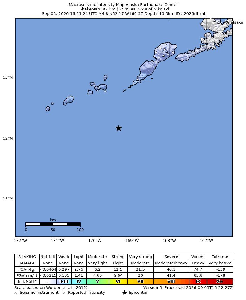 USGS ShakeMap intensity contours for the M4.8 earthquake near 81 km SSW of Nikolski, Alaska