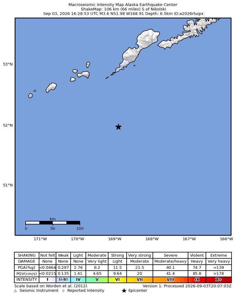 USGS ShakeMap intensity contours for the M3.6 earthquake near 106 km S of Nikolski, Alaska