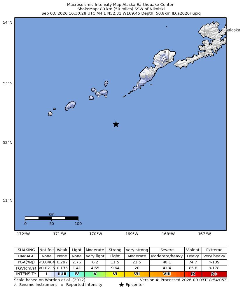 USGS ShakeMap intensity contours for the M4.3 earthquake near 65 km SW of Nikolski, Alaska