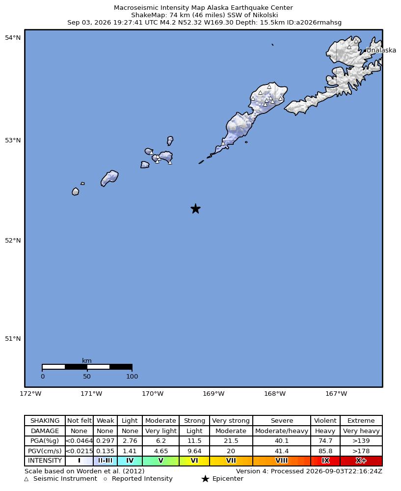 USGS ShakeMap intensity contours for the M4.2 earthquake near 75 km SSW of Nikolski, Alaska