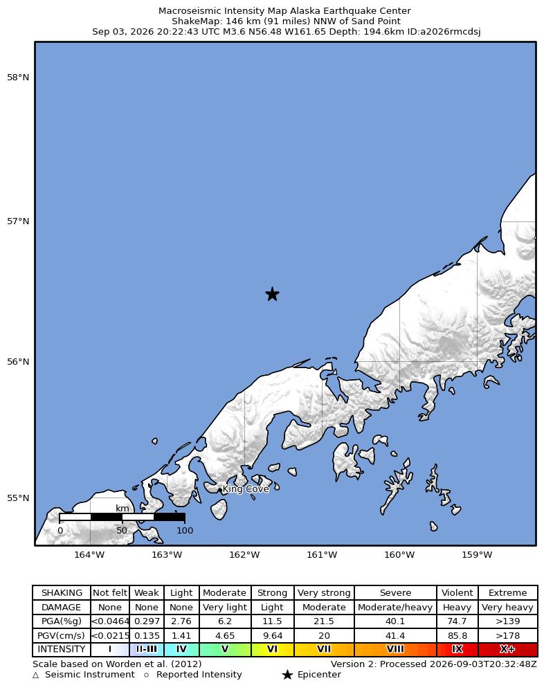 USGS ShakeMap intensity contours for the M3.7 earthquake near 60 km NNW of Nelson Lagoon, Alaska
