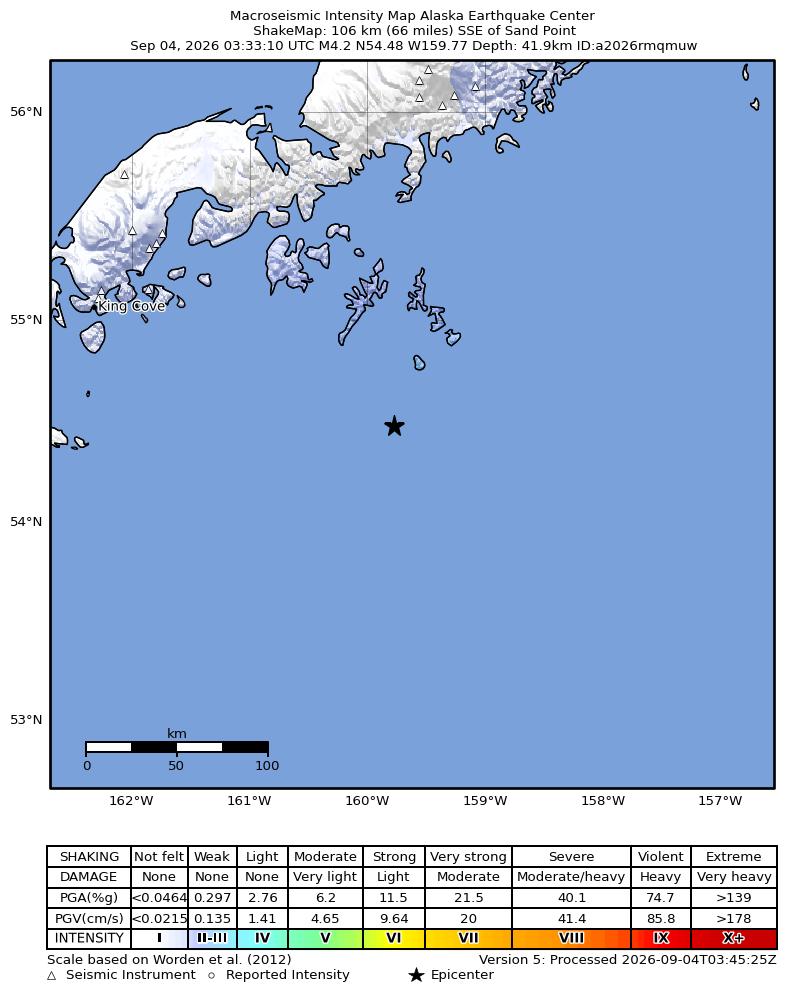 USGS ShakeMap intensity contours for the M4.1 earthquake near 101 km SSE of Sand Point, Alaska