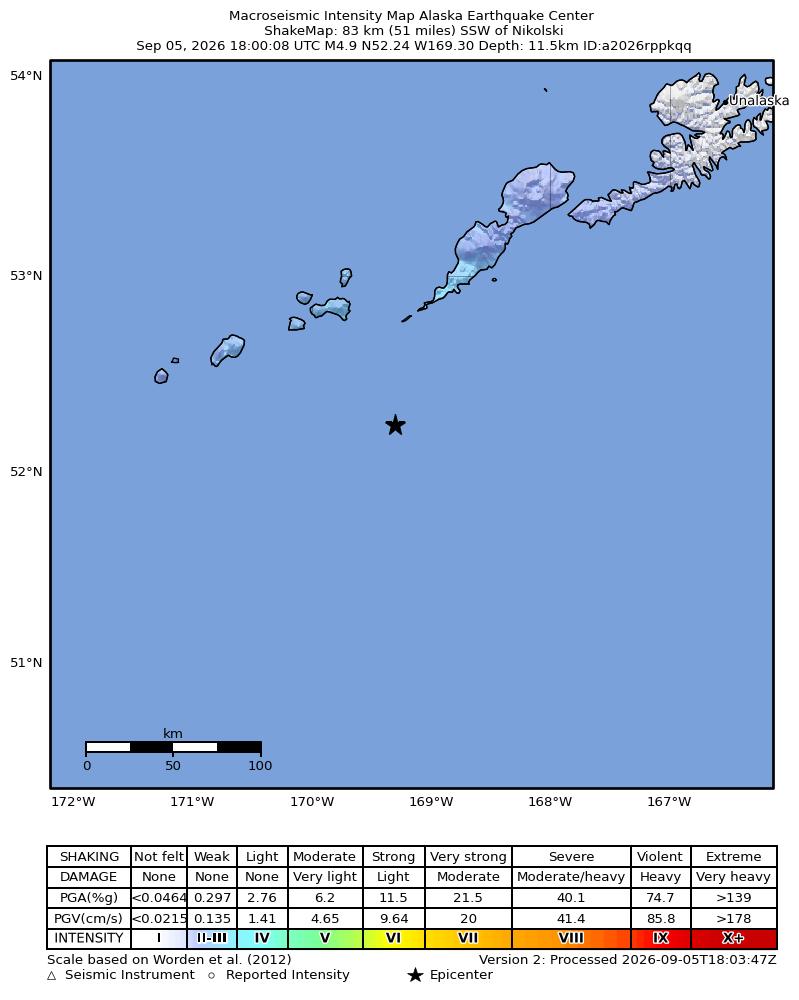 USGS ShakeMap intensity contours for the M4.9 earthquake near 80 km SSW of Nikolski, Alaska